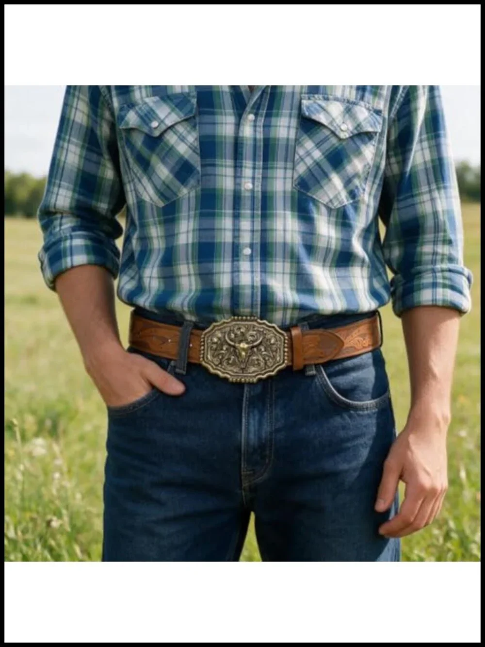 Western Cowboy Belt Men's Bull Big Buckle 1.38